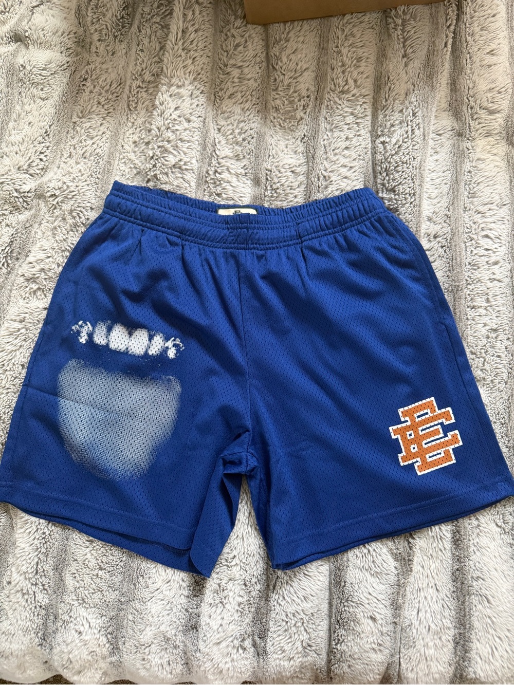 Eric Emanuel Royal Blue Mesh Athletic Shorts with Orange Logo